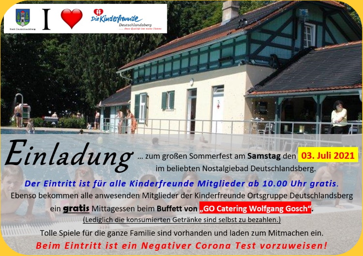 Einladung zum großen Sommerfest am Samstag den 03. Juli 2021 im beliebten Nostalgiebad Deutschlandsberg.