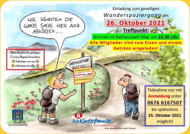 Einladung zum geselligen Wanderspaziergang am 26. Oktober 2021 um 10:30 Uhr mit Treffpunkt im Rathauspark Deutschlandsberg.