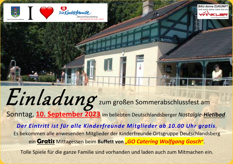 Einladung zum großen Sommerabschlussfest am Sonntag, 10. September 2023 
     im beliebten Deutschlandsberger Nostalgie-Hietlbad.